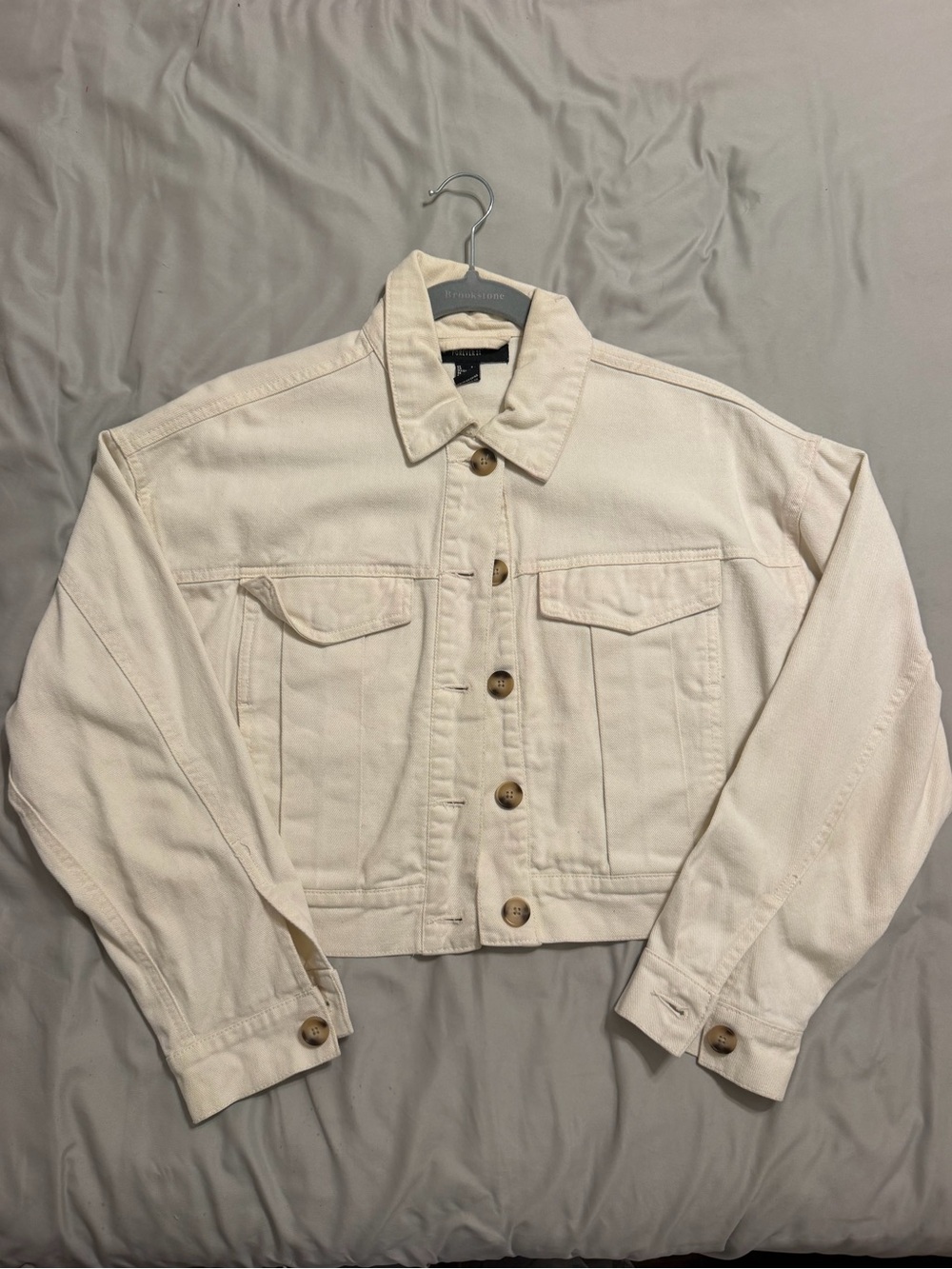 Forever 21 Cream Cropped Cotton Utility Trucker Jacket S
